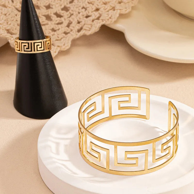 Vintage Style Geometric Ring & Bangle Set