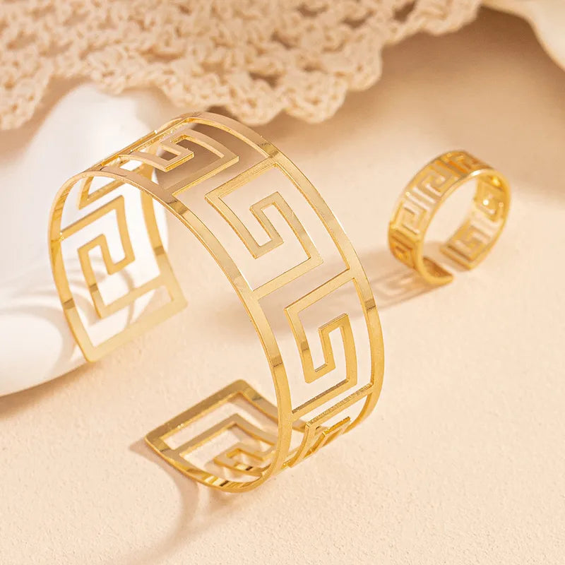 Vintage Style Geometric Ring & Bangle Set