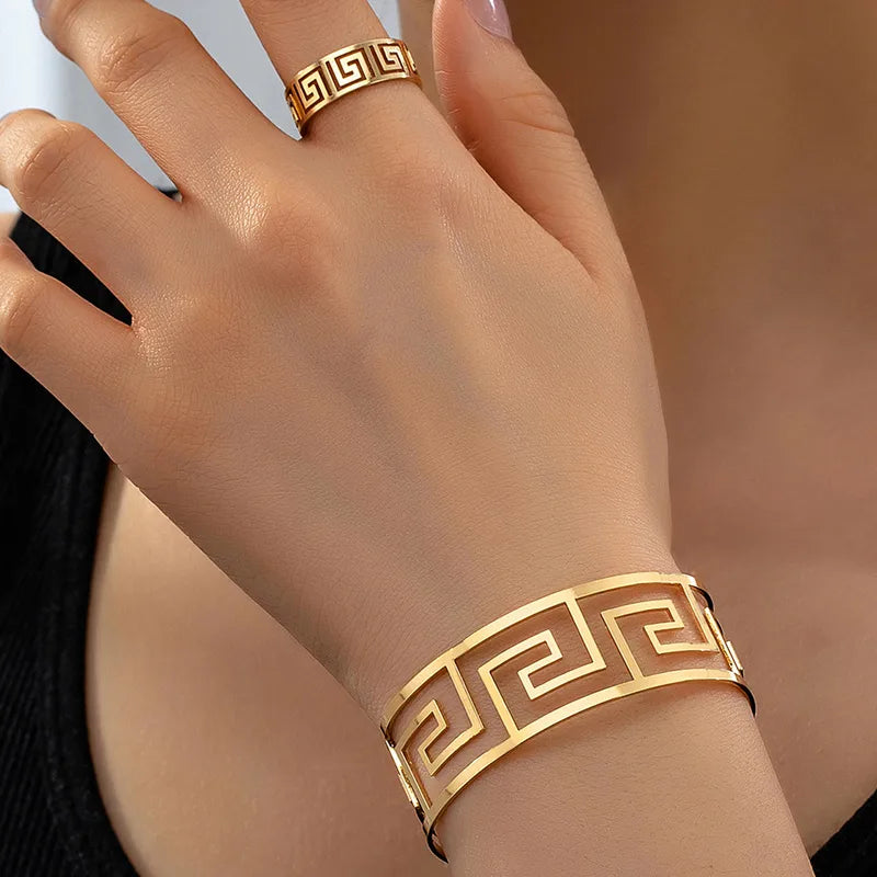 Vintage Style Geometric Ring & Bangle Set