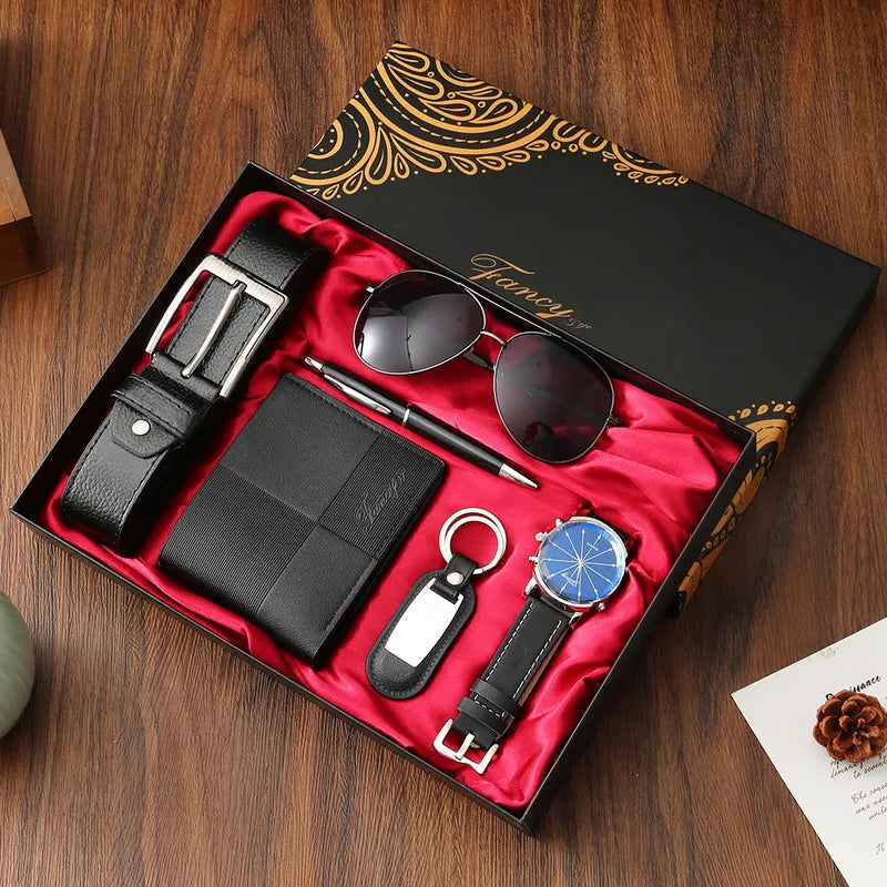 6-piece Set in Black (belt + Wallet + Watch + Keychain + Pen + Sunglasses)|Gift Box