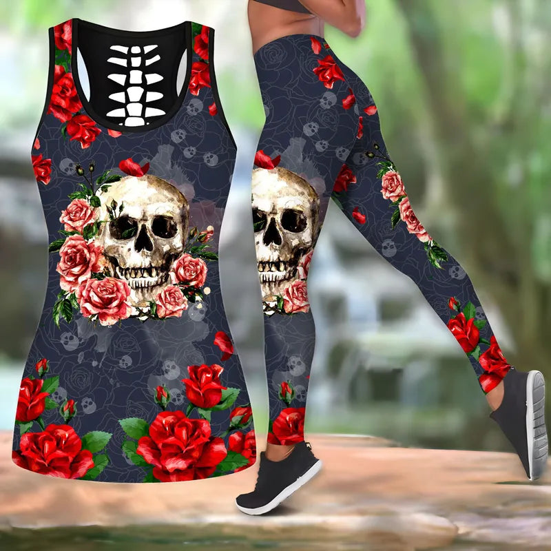 🖤🌙 Gothic 2PC Leggings Co-Ord Sets - Grey/Red Skull 🌙🖤