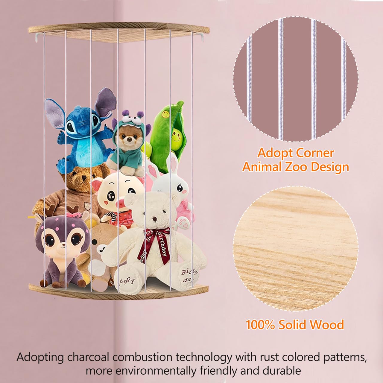 🧸🌿 Stuffed Animal Storage Wooden Corner Toy Shelf – Natural XL 🌿🧸