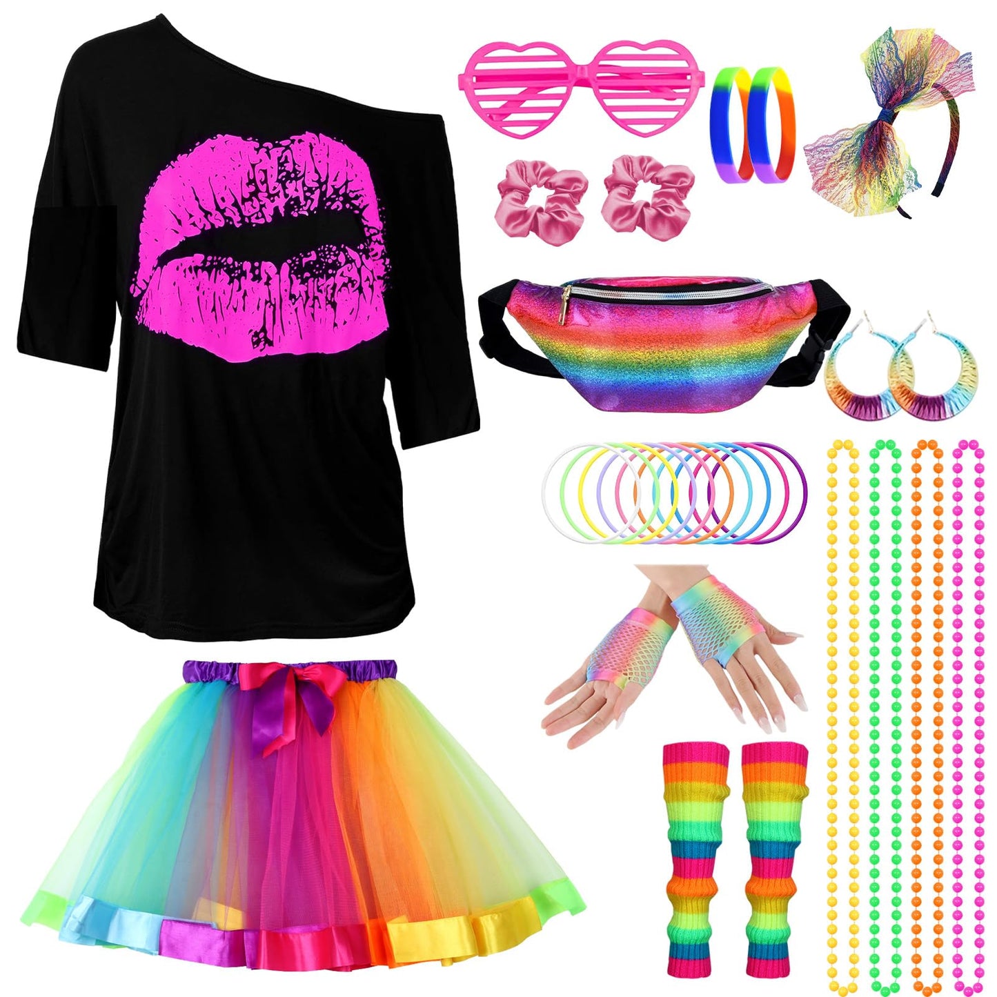 Adult 80s Fancy Dress Costume Set with Rainbow Accessories - Size L
