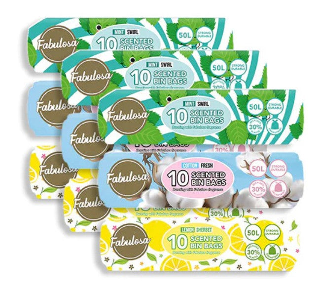 Scented Bin Bags Lemon Sherbet, Mint Swirl, Cotton Fresh 90 Bags 9 Pack Bundle