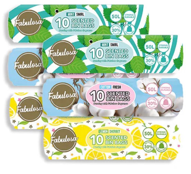 Scented Bin Bags Lemon Sherbet, Mint Swirl, Cotton Fresh 60 Bags 6 Pack Bundle