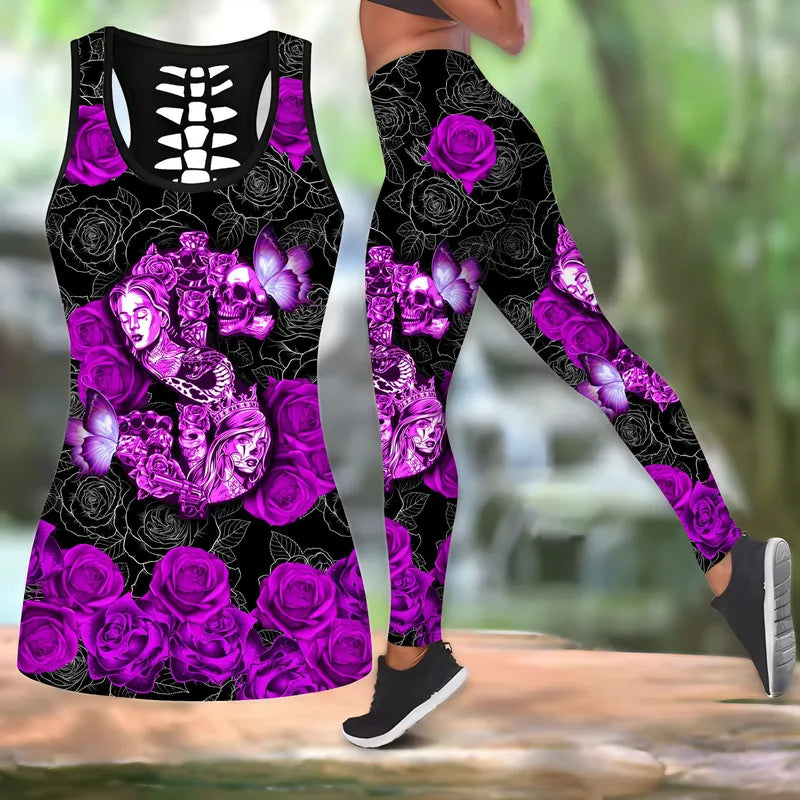 🖤🌙 Gothic 2PC Leggings Co-Ord Sets - Purple Rose 🌙🖤