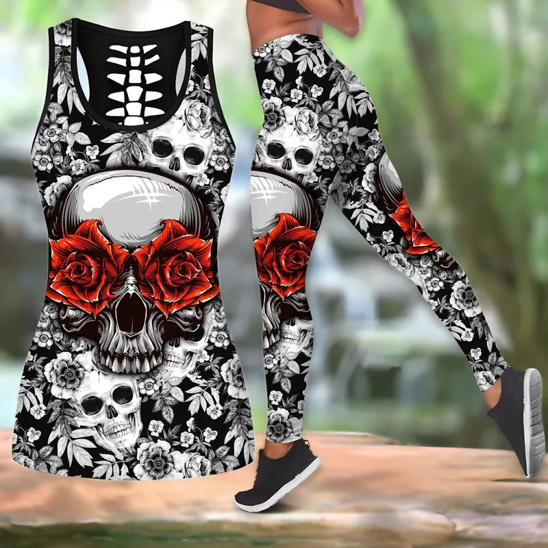 🖤🌙 Gothic 2PC Leggings Co-Ord Sets - Black/White/Red Rose 🌙🖤
