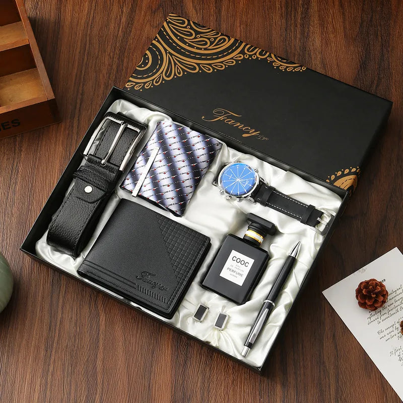 8-piece Set Black (Watch + Belt + Wallet + Tie + Tie Clip + Cufflinks + Perfume + Pen)|Gift Box