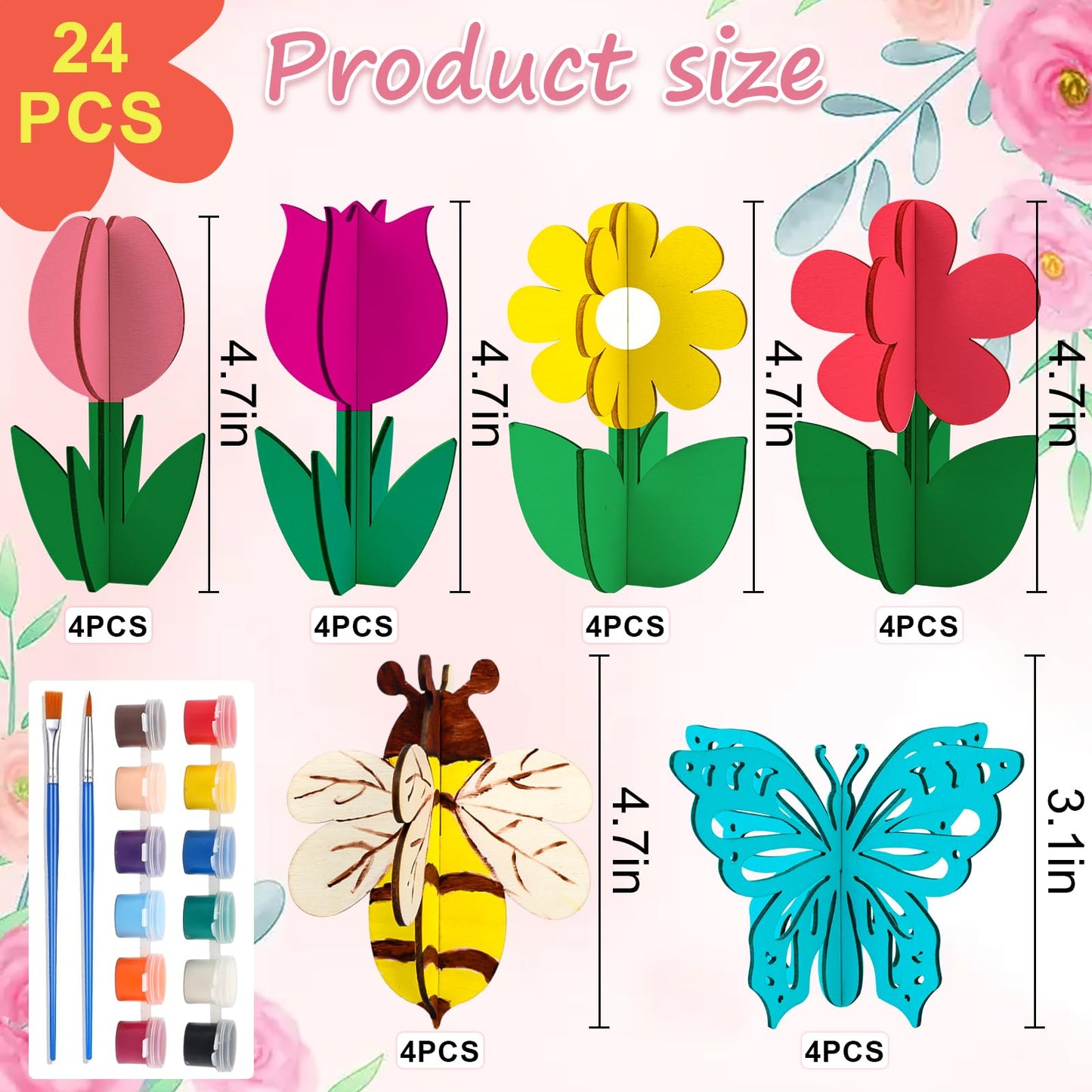🎨🌸 24pc 3D Wooden Flowers & Bee Craft Kit with Acrylic Paints 🐝🦋