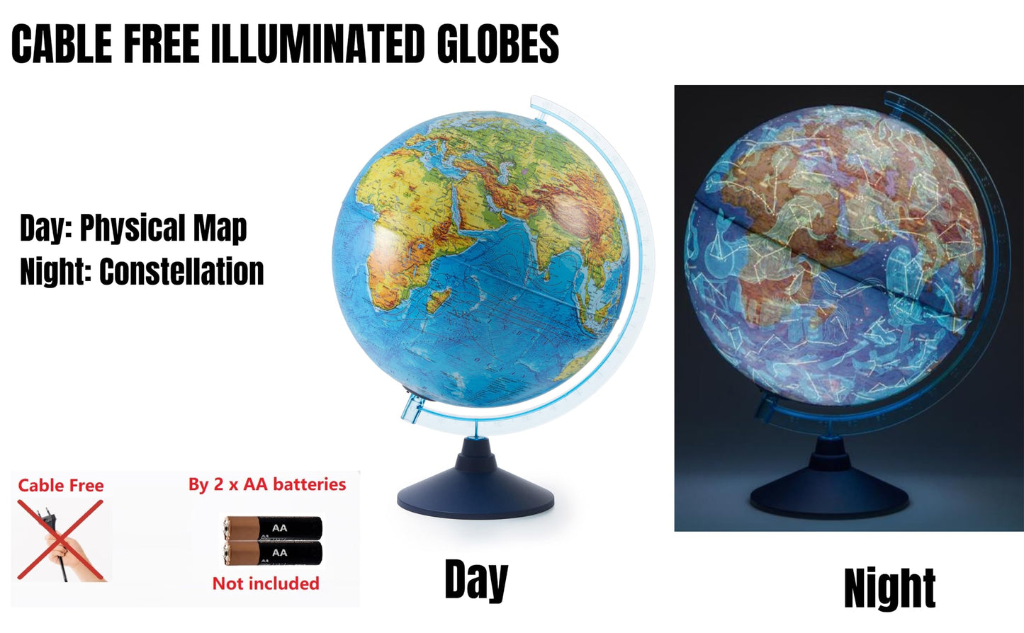 25cm Illuminated Globe with LED Light Physical Map Day & Constellation Night