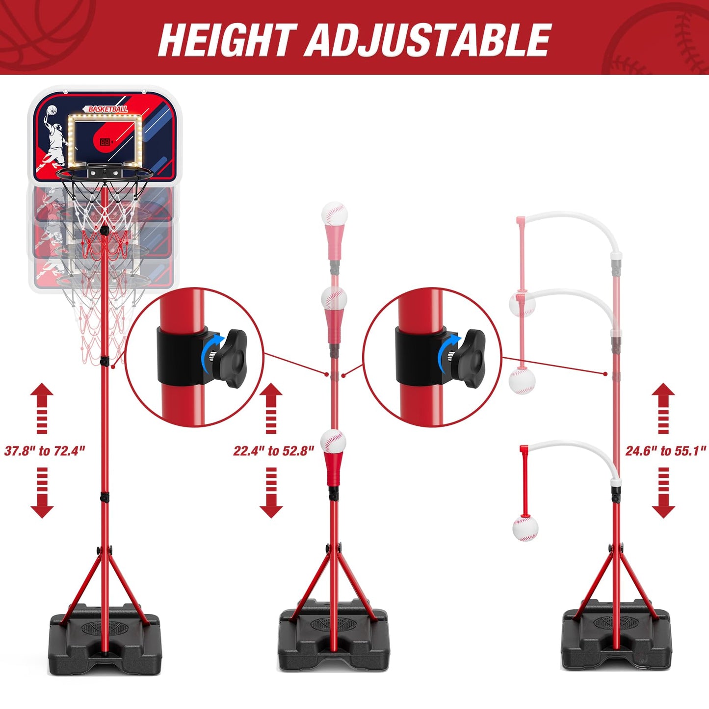 4 in 1 Kids Basketball Hoop and Baseball Set with Scoreboard & LED Lights