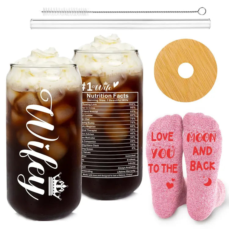 đ Wife Tumbler Gift Set â Glass Cup & âLove Youâ Socks đ