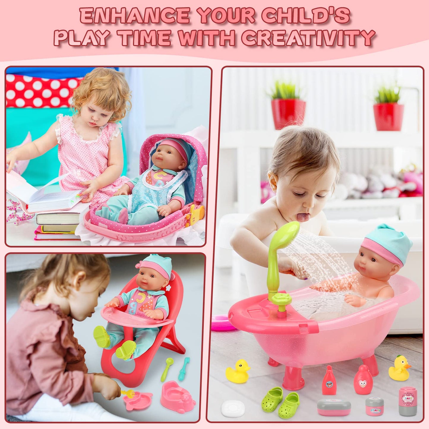 14" Baby Doll Play Set with Crib, Bath Tub, High Chair & 25 Accessories