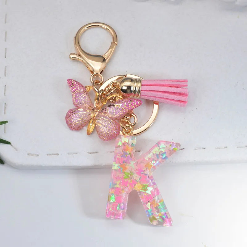 Pink Glitter Initial With Butterfly Charm Keyrings