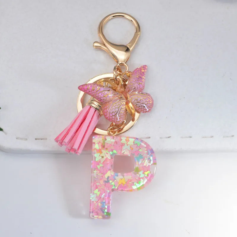 Pink Glitter Initial With Butterfly Charm Keyrings