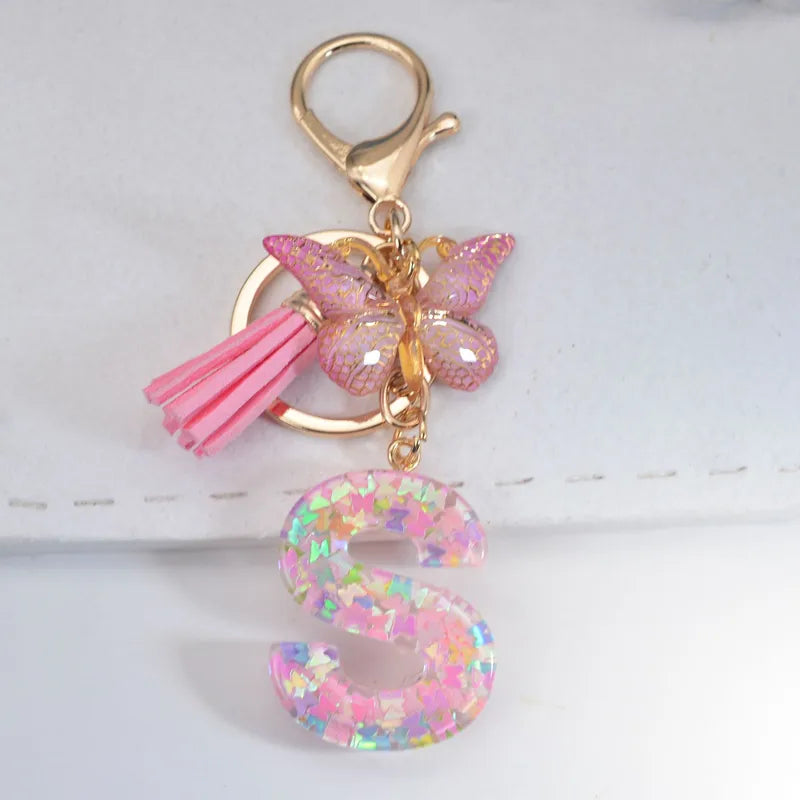 Pink Glitter Initial With Butterfly Charm Keyrings