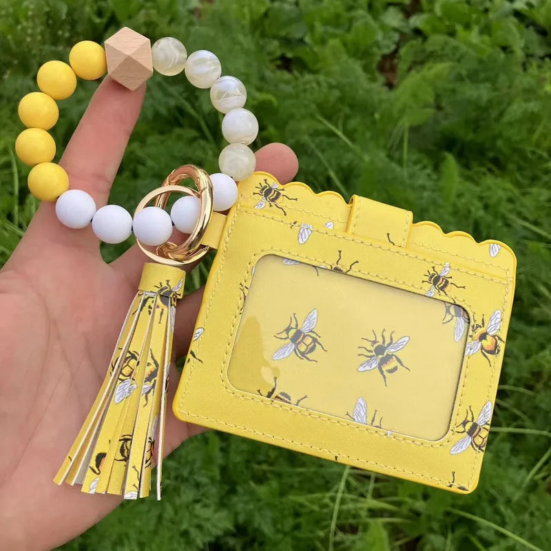🐝💛 Cute Yellow Bee Card & Note Holder Purse with Bracelet & Keyring