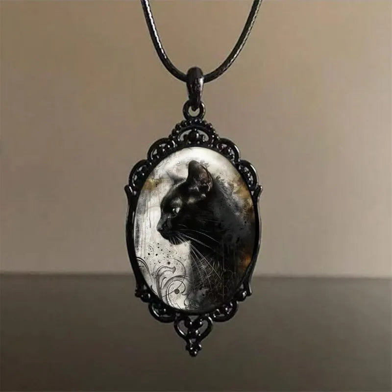 đ Retro Black Cat Oval Pendant Necklace đ