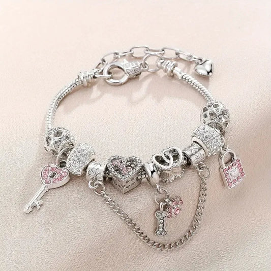 🦴 Pink & Silver Diamante Bone & Paw Print Charm Bracelet 🦴