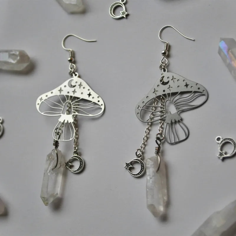 ๐๐ Crystal Clear Quartz Mushroom & Moon Star Dangle Earrings ๐๐