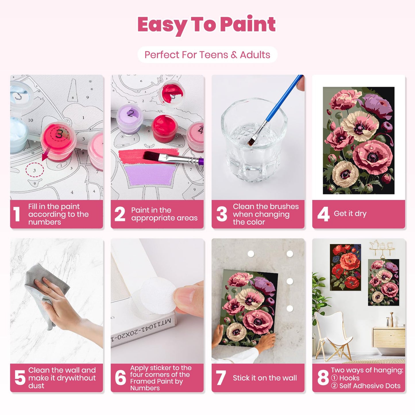 4 Pack Flowers Paint by Numbers Kit with Easel & Framed Canvas, Acrylic Paints & Brushes