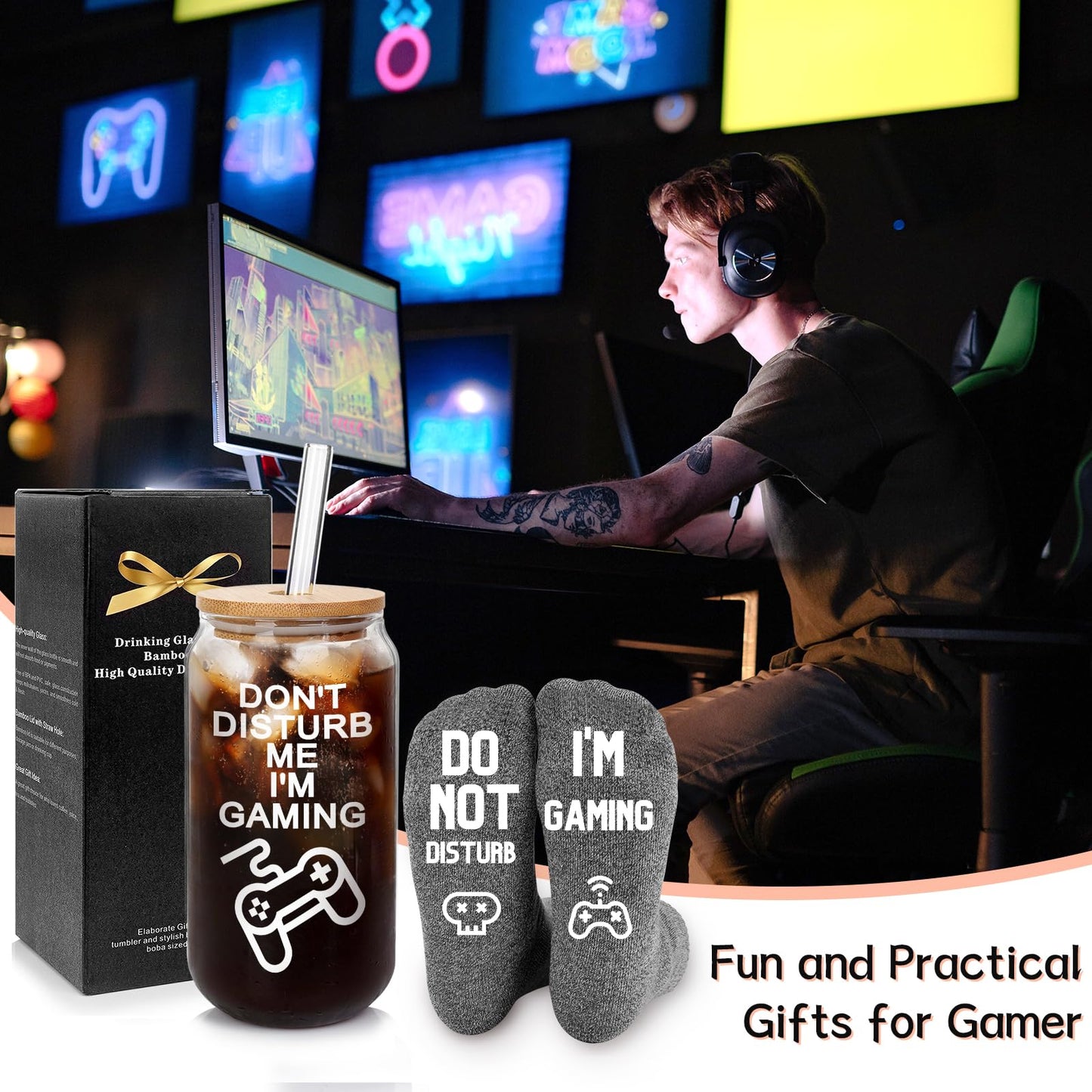 🎮 Gaming Mug with Bamboo Lid & Glass Straw Gift Set 🎮