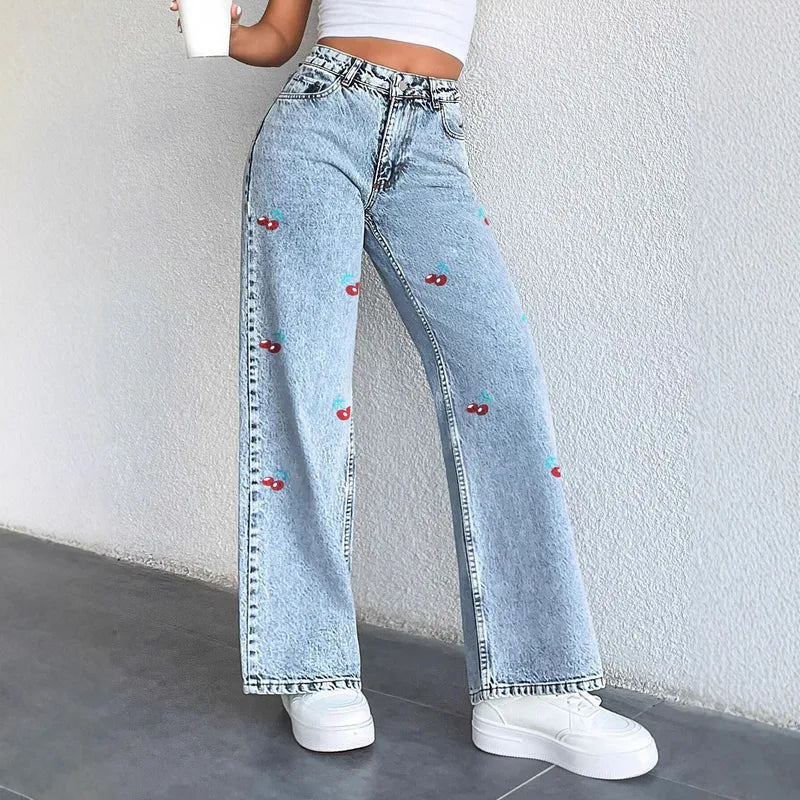๐ Original Design Cherry Print Denim Jeans ๐