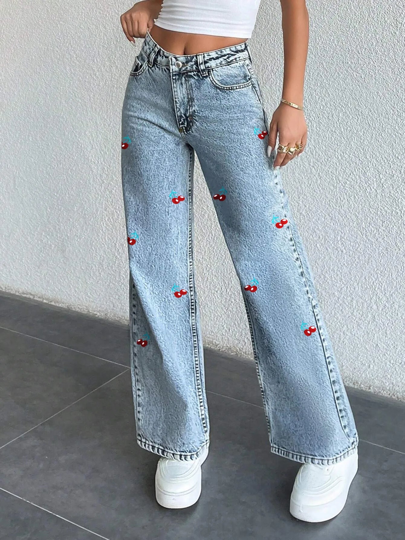 ๐ Original Design Cherry Print Denim Jeans ๐