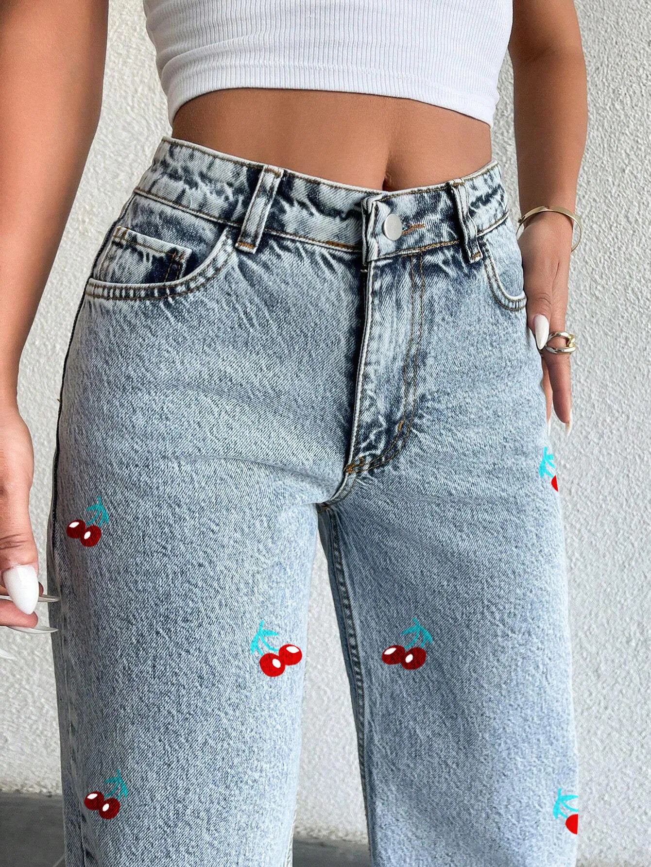๐ Original Design Cherry Print Denim Jeans ๐