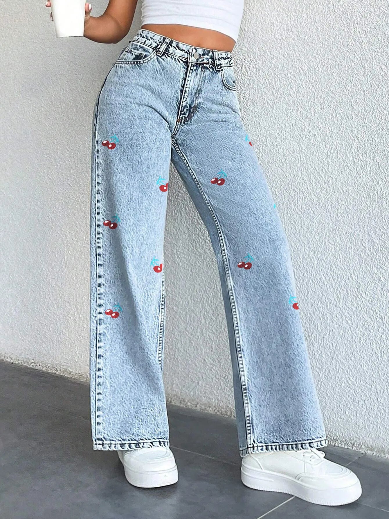 ๐ Original Design Cherry Print Denim Jeans ๐