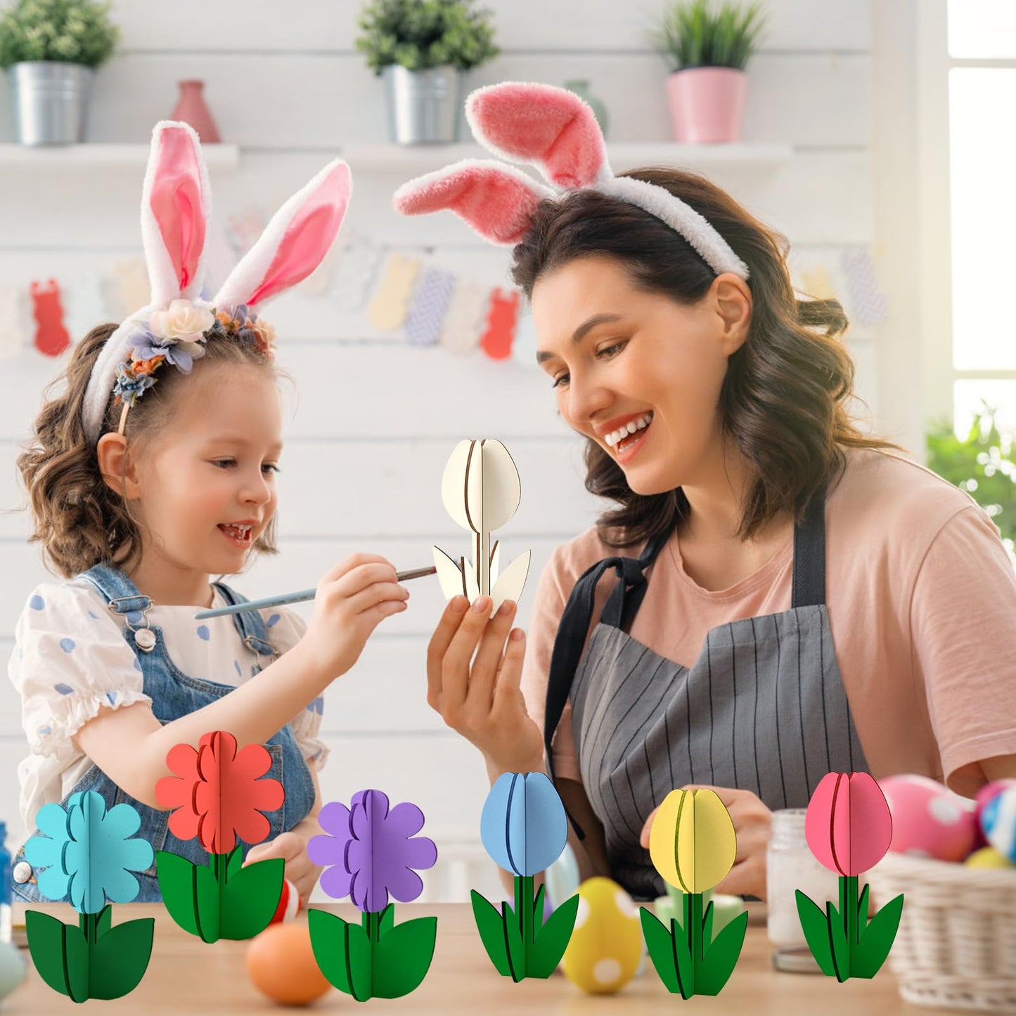 🎨🌸 24pc 3D Wooden Flowers & Bee Craft Kit with Acrylic Paints 🐝🦋
