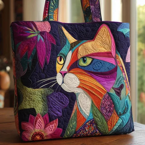 🐱🌈 Multicoloured Cat Design Quilted Embroidered Tote Bag - 103|G320 🌈🐱