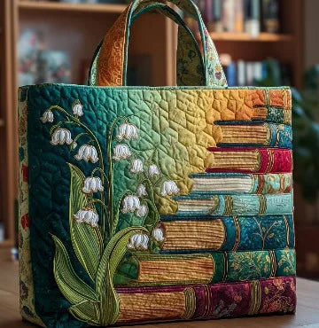 📚 Stack of Books & Flowers Design Quilted Embroidered Tote Bag - YS72|G320 📚