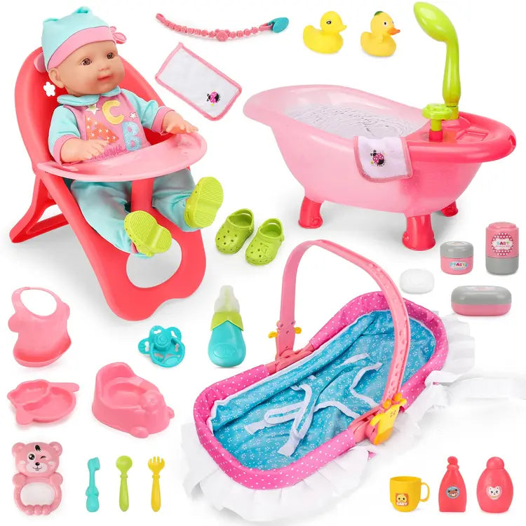 14" Baby Doll Play Set with Crib, Bath Tub, High Chair & 25 Accessories