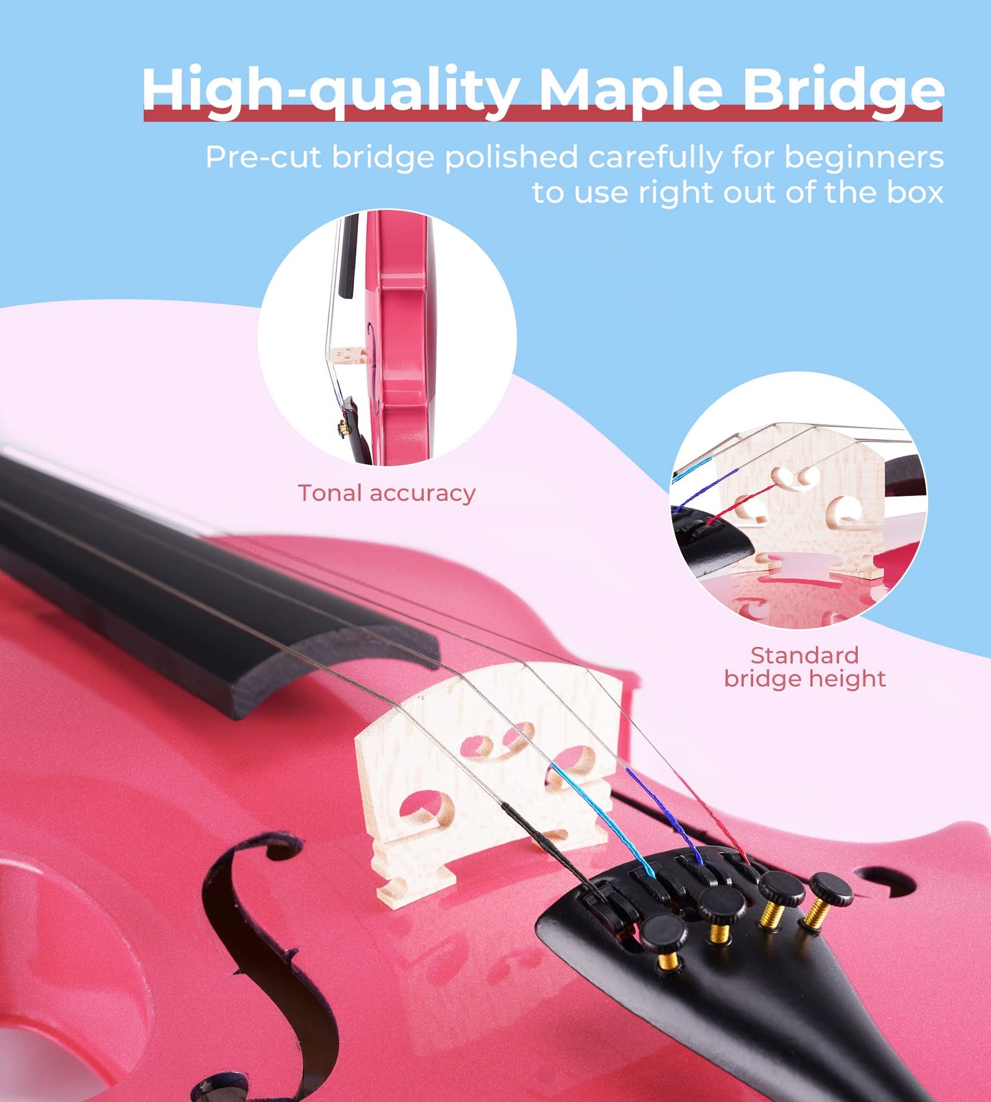 Full Size Pink Acoustic Violin Beginner Set with Case, Bow, Tuner & Accessories