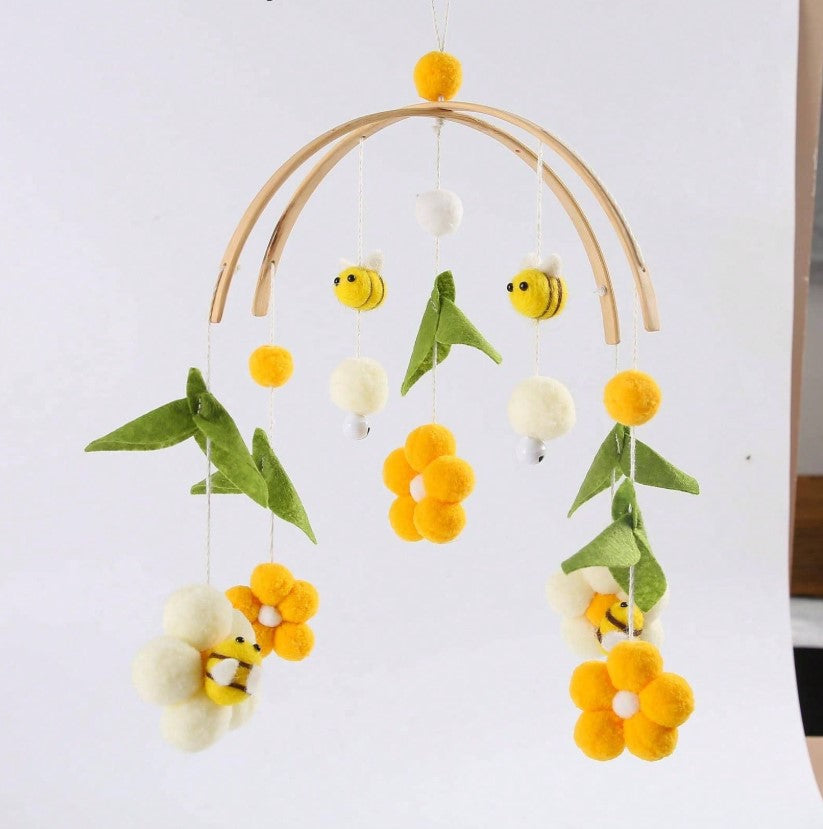 ๐ผ๐ Baby Bee & Flower Wooden Arc Woven Crib Mobile ๐๐ผ