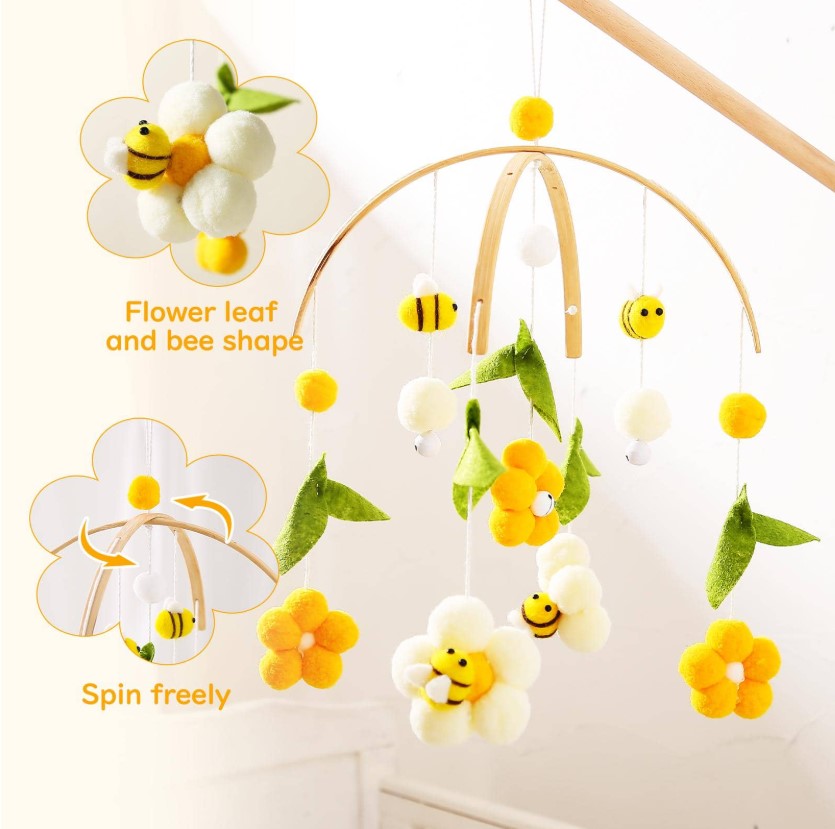 ๐ผ๐ Baby Bee & Flower Wooden Arc Woven Crib Mobile ๐๐ผ