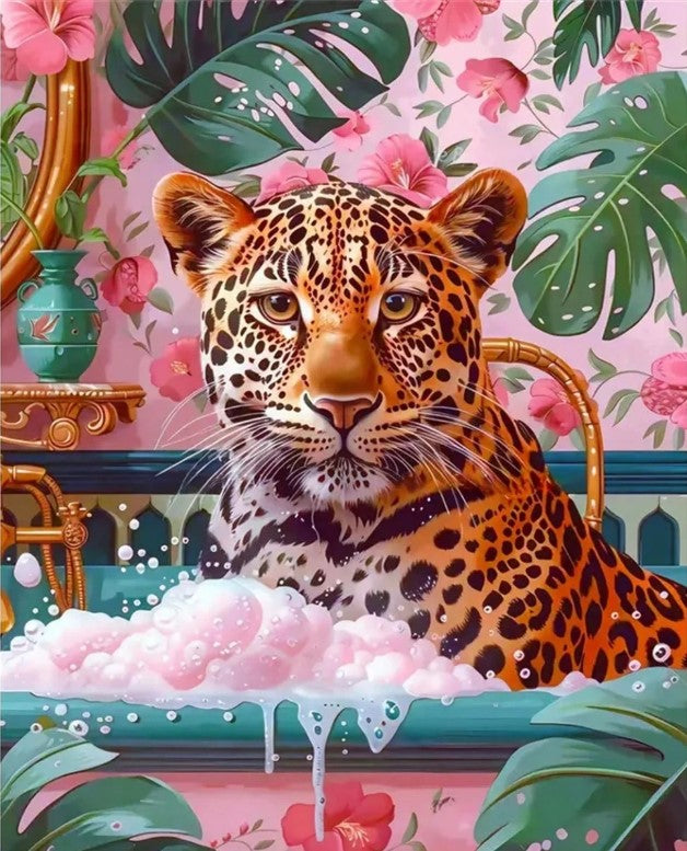🐆Pink Leopard Tropical Bath Diamond Painting Kit🐆
