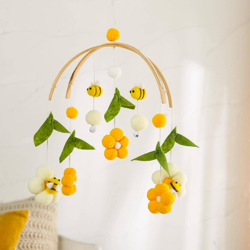 ๐ผ๐ Baby Bee & Flower Wooden Arc Woven Crib Mobile ๐๐ผ