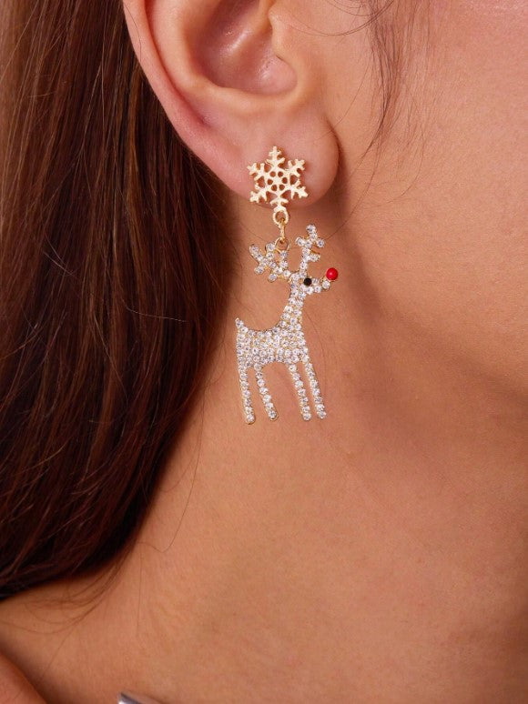 🦌❄️ Reindeer & Snowflake Rhinestone Dangle Earrings ❄️🦌