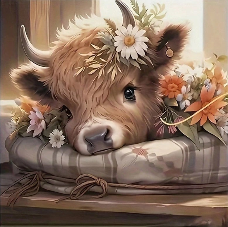 🐮 Baby Highland Cow with Flower Crown Diamond Painting Kit 🐮