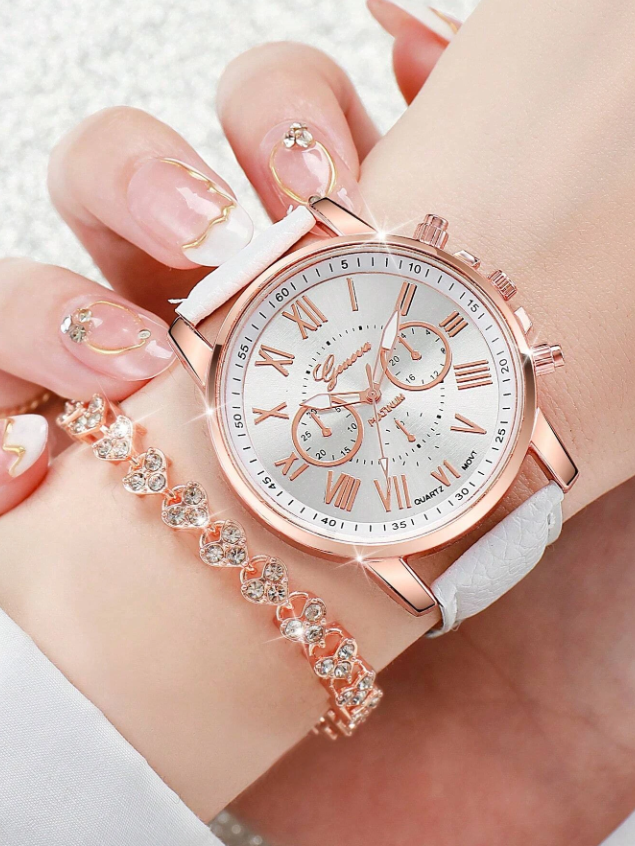 ⌚ White PU Strap Watch & Rhinestone Bracelet ⌚