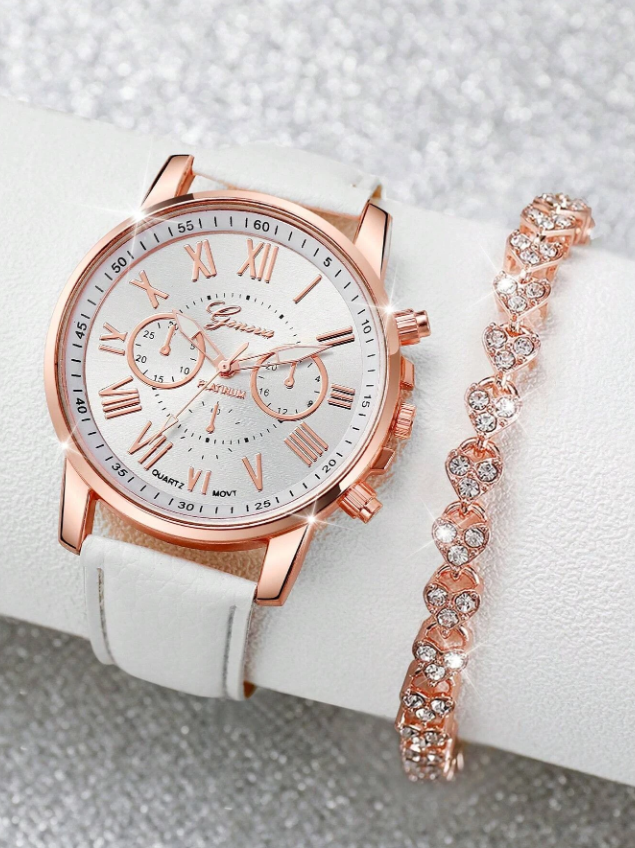 ⌚ White PU Strap Watch & Rhinestone Bracelet ⌚