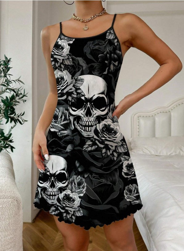 🖤🌹 Gothic Rose With Skull Print Slip Dress/Nightie 🌹🖤