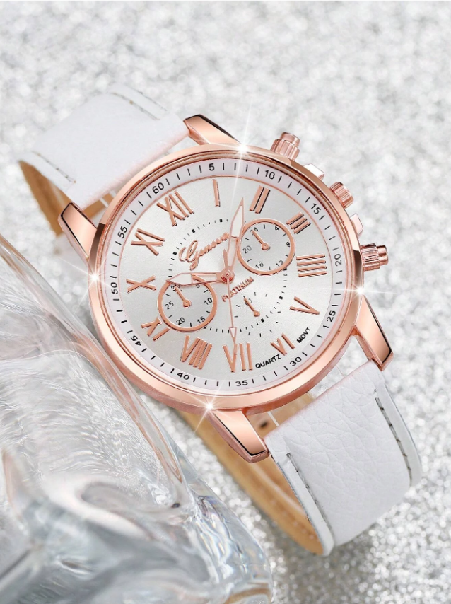 ⌚ White PU Strap Watch & Rhinestone Bracelet ⌚