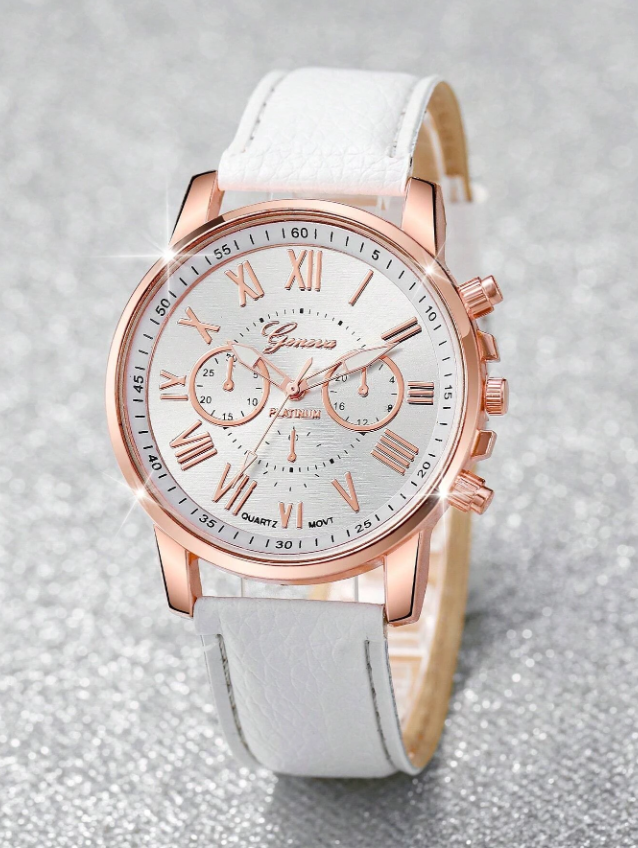 ⌚ White PU Strap Watch & Rhinestone Bracelet ⌚