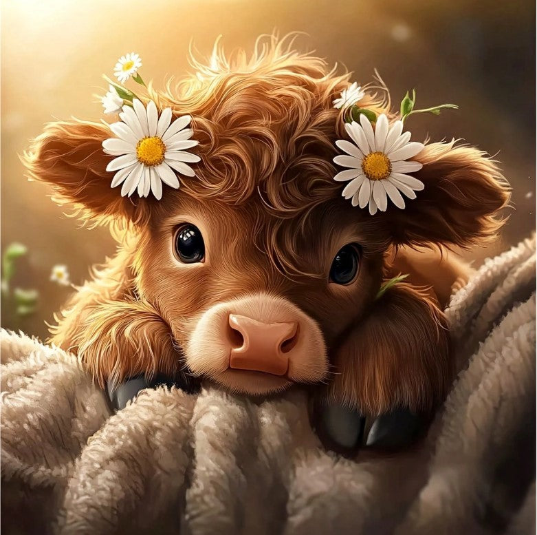 🐮 Baby Highland Cow with Daisies in Hair Diamond Painting Kit 🐮