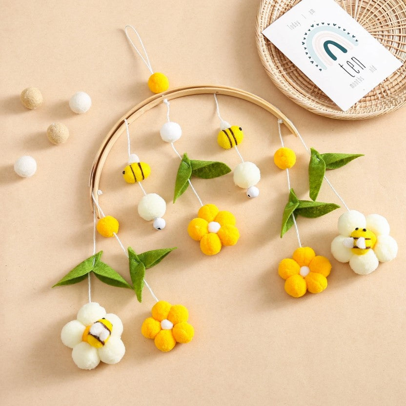 ๐ผ๐ Baby Bee & Flower Wooden Arc Woven Crib Mobile ๐๐ผ