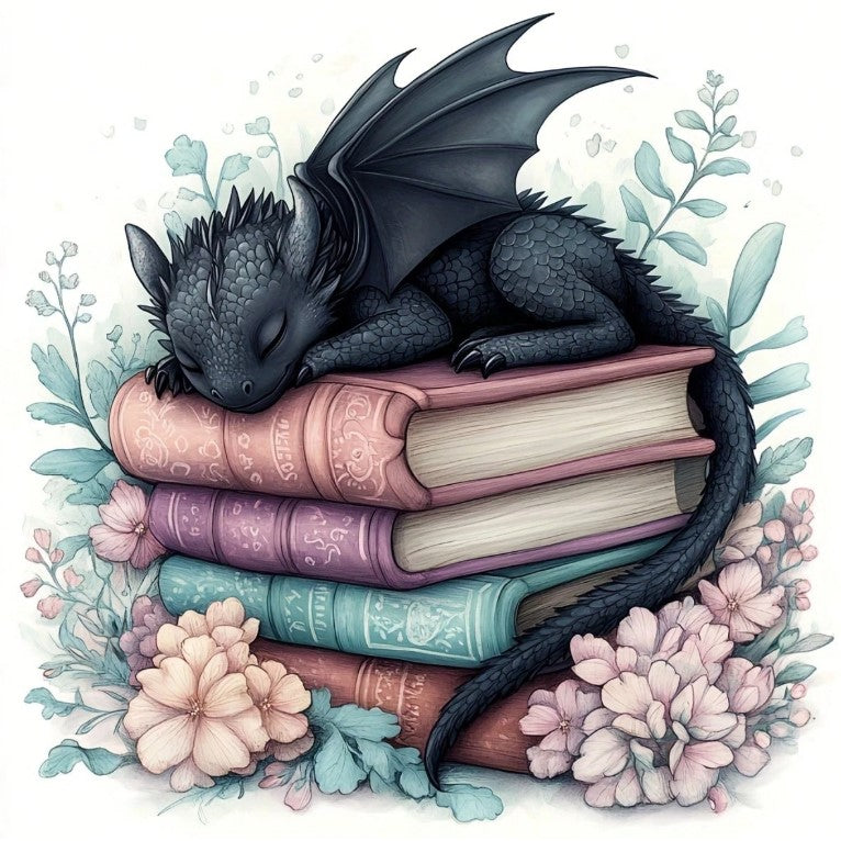 🖤 Black Sleeping Baby Dragon on Books Diamond Painting Kit 🖤