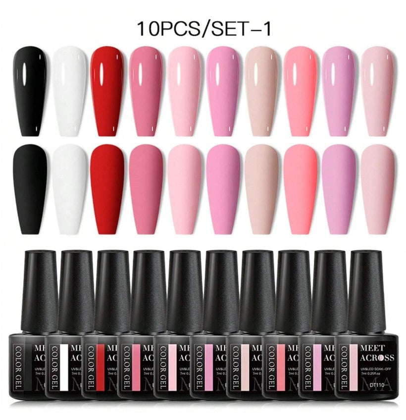 💅 Pinks + Black/White/Red Gel Nail Varnish – 10pc Set 💅